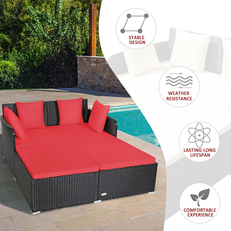 Outdoor Patio Rattan Daybed Thick Pillows Cushioned Sofa Furniture