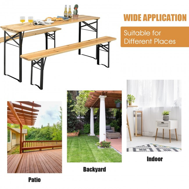 3 Pieces Outdoor Folding Table Bench Set Patio Portable Dining Table Set with Seating