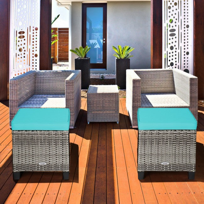 2 Pieces Patio Rattan Ottomans Seat Outdoor Footstool Footrest with Removable Cushions