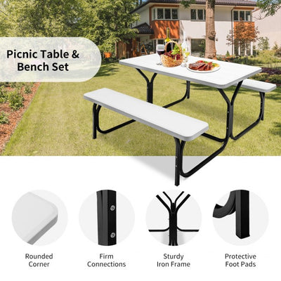 Outdoor Camping Table Bench Set Picnic All Weather Dining Set with Metal Base and Wood-Like Texture