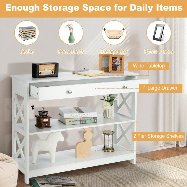 3-Tier Side Console Table Entryway Table Narrow Accent Table with Drawer and Storage Shelves