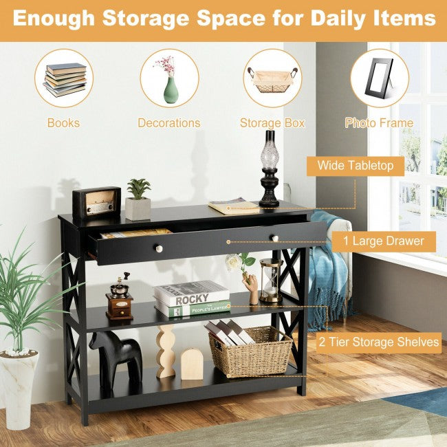 3-Tier Side Console Table Entryway Table Narrow Accent Table with Drawer and Storage Shelves