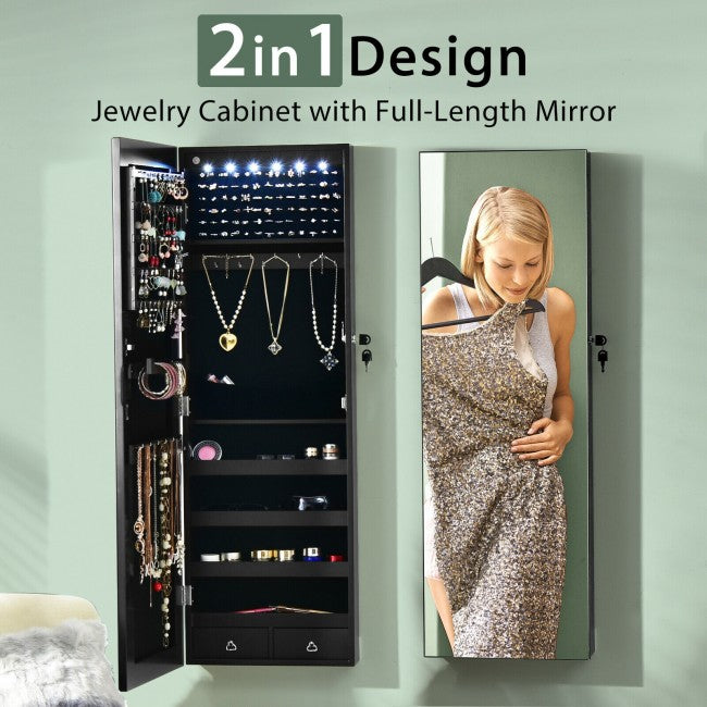 6 LEDs Mirror Jewelry Cabinet Full Screen Display Armoire Organizer with 2 Drawers