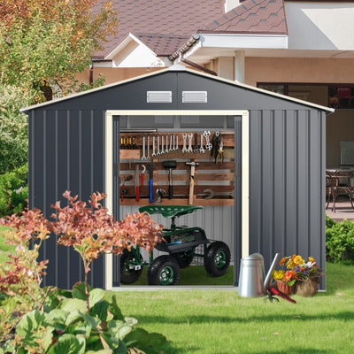 9 x 6 FT Outdoor Metal Storage Shed Organizer Patio Garden Steel Tool House with 2 Sliding Doors and 4 Vents