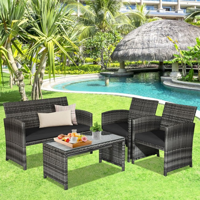 4 Pieces Patio Rattan Furniture Set Outdoor Wicker loveseat with Soft Cushion and Glass Table