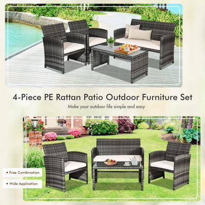 4 Pieces Patio Rattan Furniture Set Outdoor Wicker loveseat with Soft Cushion and Glass Table