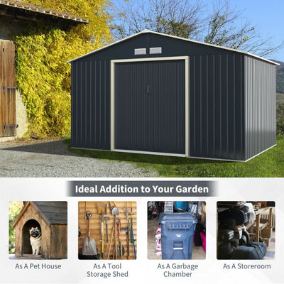 11' x 8' Outdoor Steel Storage Shed Building Organizer Patio Garden Tool House with 2 Lockable Sliding Doors and 4 Vents