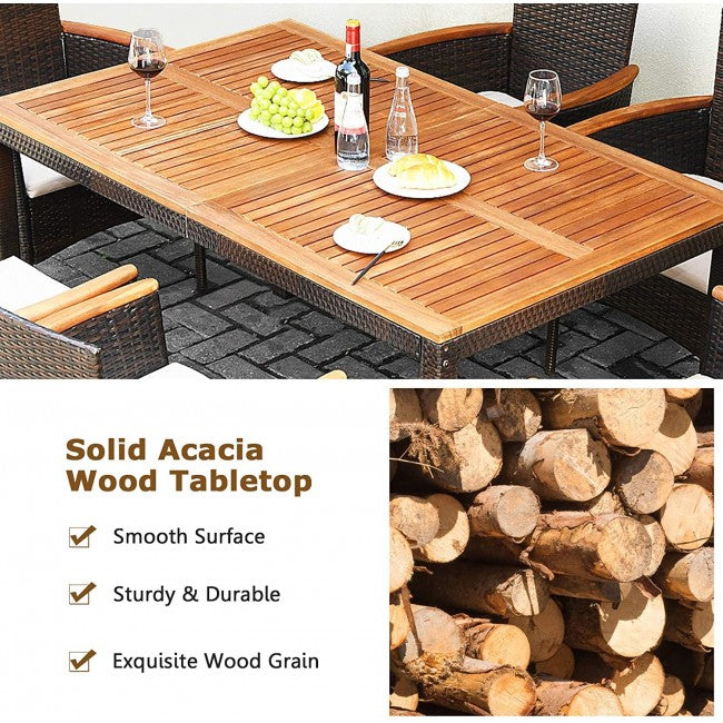 7 Pieces Outdoor Patio Acacia Wood Dining Furniture Set Conversation Set with Cushions