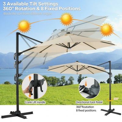 10ft Patio Cantilever Umbrella Outdoor Hanging Offset Umbrella with Solar LED Lights and 360-Degree Rotation