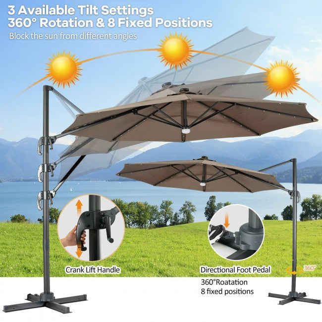 10ft Patio Cantilever Umbrella Outdoor Hanging Offset Umbrella with Solar LED Lights and 360-Degree Rotation