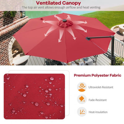 10ft Patio Cantilever Umbrella Outdoor Hanging Offset Umbrella with Solar LED Lights and 360-Degree Rotation