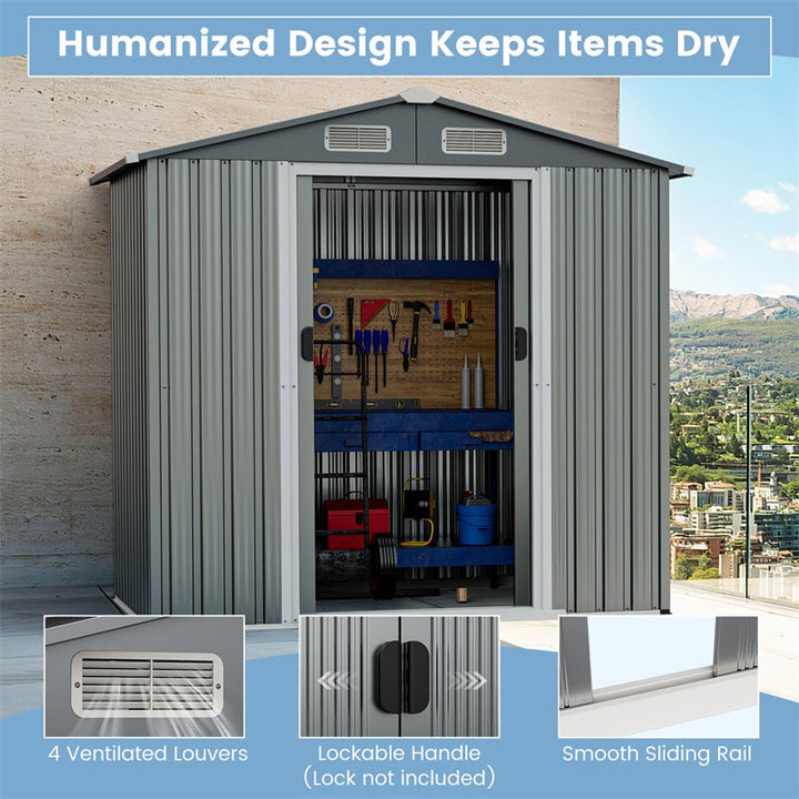 6 x 4 FT Outdoor Storage Shed Galvanized Steel Garden Storage Buildings Tool Organizer with Lockable Double Sliding Door