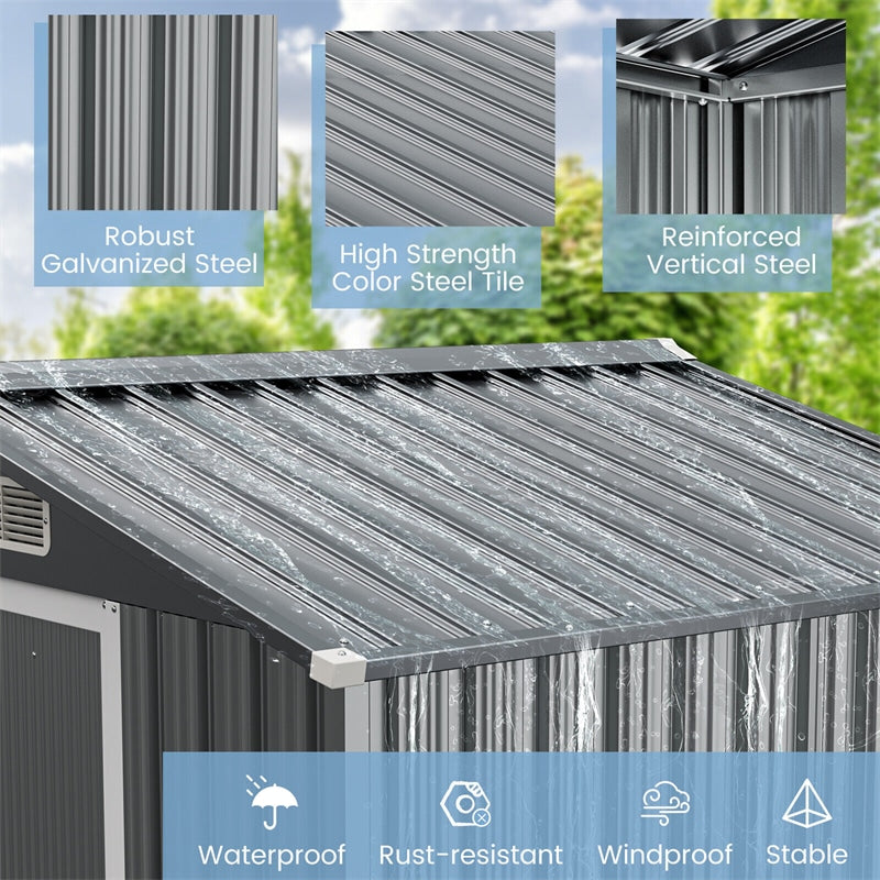 6 x 4 FT Outdoor Storage Shed Galvanized Steel Garden Storage Buildings Tool Organizer with Lockable Double Sliding Door