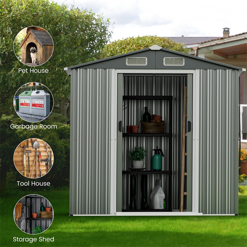 6 x 4 FT Outdoor Storage Shed Galvanized Steel Garden Storage Buildings Tool Organizer with Lockable Double Sliding Door