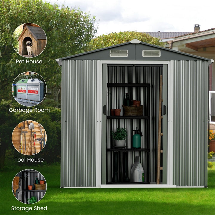 6 x 4 FT Outdoor Storage Shed Galvanized Steel Garden Storage Buildings Tool Organizer with Lockable Double Sliding Door