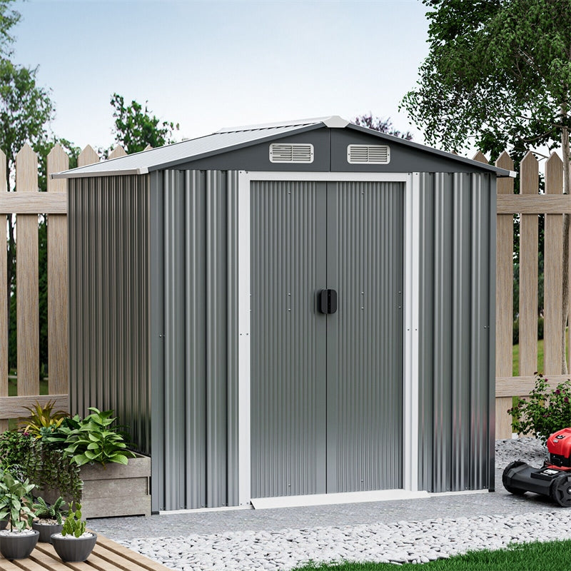 6 x 4 FT Outdoor Storage Shed Galvanized Steel Garden Storage Buildings Tool Organizer with Lockable Double Sliding Door