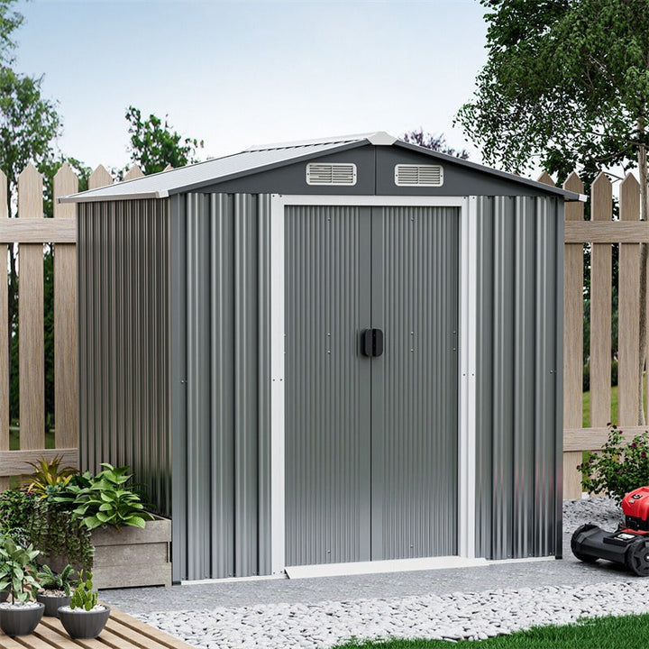 6 x 4 FT Outdoor Storage Shed Galvanized Steel Garden Storage Buildings Tool Organizer with Lockable Double Sliding Door