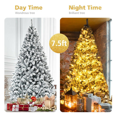 7.5FT Unlit Snow Flocked Wrapped Artificial Christmas Tree with 1010 PVC Branch Tips