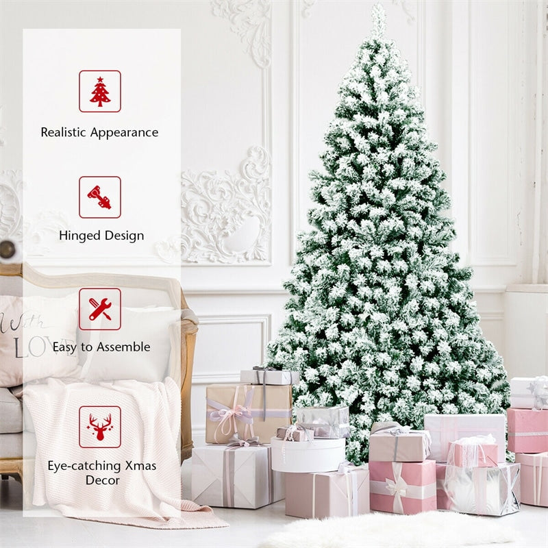 7.5ft Pre-Lit Snowy Artificial Christmas Tree Flocked Xmas Tree with 550 LED Lights &amp; Metal Stand for Holiday Decoration