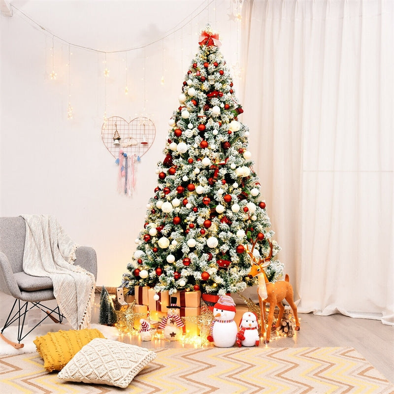7.5ft Pre-Lit Snowy Artificial Christmas Tree Flocked Xmas Tree with 550 LED Lights &amp; Metal Stand for Holiday Decoration