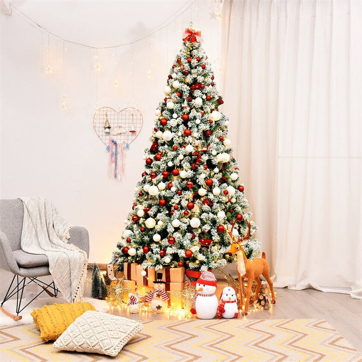 7.5ft Pre-Lit Snowy Artificial Christmas Tree Flocked Xmas Tree with 550 LED Lights &amp; Metal Stand for Holiday Decoration