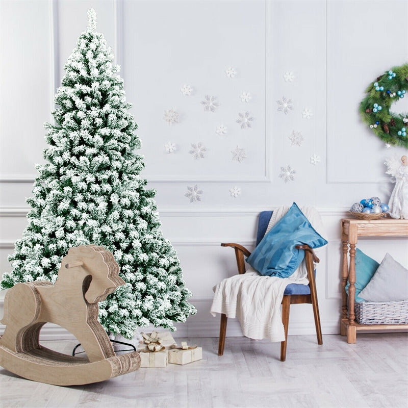 7.5ft Pre-Lit Snowy Artificial Christmas Tree Flocked Xmas Tree with 550 LED Lights &amp; Metal Stand for Holiday Decoration