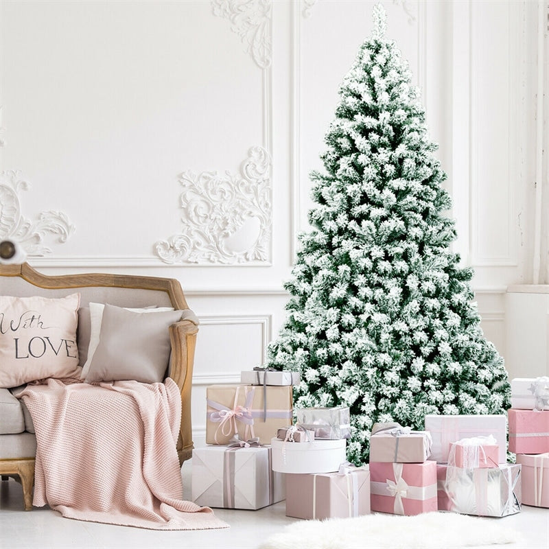 7.5ft Pre-Lit Snowy Artificial Christmas Tree Flocked Xmas Tree with 550 LED Lights &amp; Metal Stand for Holiday Decoration