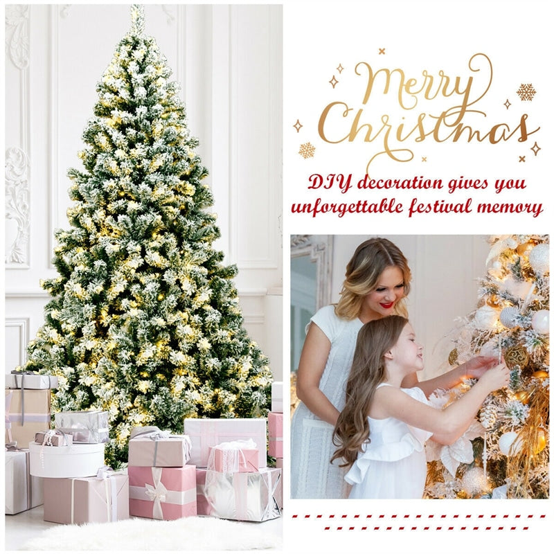 7.5ft Pre-Lit Snowy Artificial Christmas Tree Flocked Xmas Tree with 550 LED Lights &amp; Metal Stand for Holiday Decoration