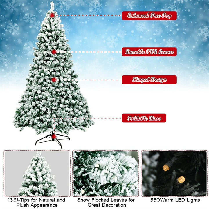 7.5ft Pre-Lit Snowy Artificial Christmas Tree Flocked Xmas Tree with 550 LED Lights &amp; Metal Stand for Holiday Decoration