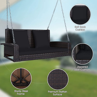 2-Person Patio Rattan Hanging Porch Swing Outdoor Wicker Swing Bench with Cushions