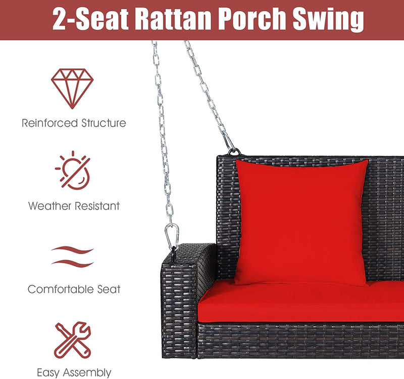 2-Person Patio Rattan Hanging Porch Swing Outdoor Wicker Swing Bench with Cushions