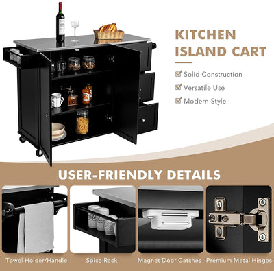 Kitchen Island Cart Rolling Trolley 2-Door Storage Cabinet with Adjustable Shelves and 3 Drawers