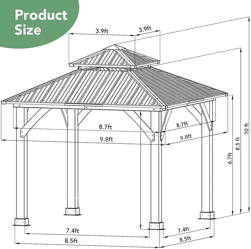 10 x 10 Feet Patio Pine Wood Hardtop Gazebo with Double Steel Roof for Outdoor