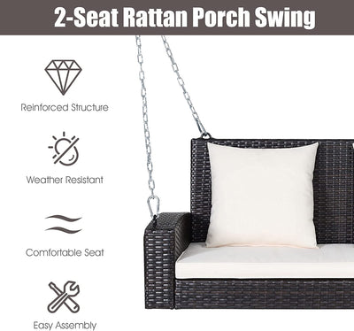 2-Person Patio Rattan Hanging Porch Swing Outdoor Wicker Swing Bench with Cushions