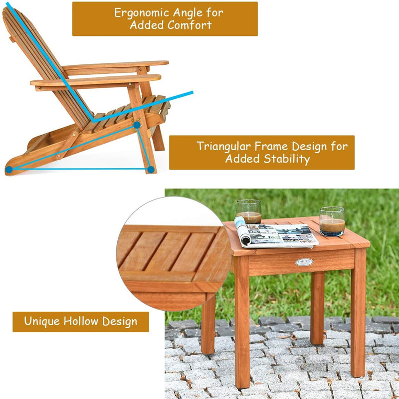 3 Pieces Foldable Wooden Adirondack Lounger Chair Set with Widened Armrest and Side Table