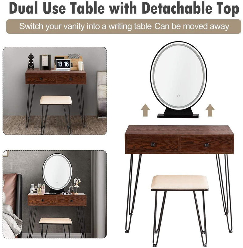 Vanity Table Set Makeup Dressing Desk with Touch Screen Adjustable Brightness Mirror and Cushioned Stool