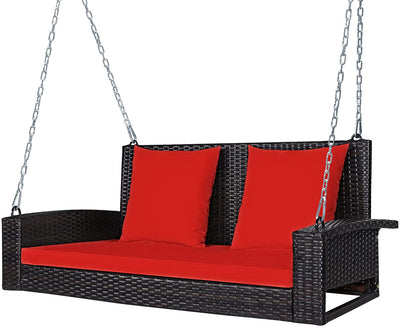 2-Person Patio Rattan Hanging Porch Swing Outdoor Wicker Swing Bench with Cushions