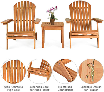 3 Pieces Foldable Wooden Adirondack Lounger Chair Set with Widened Armrest and Side Table