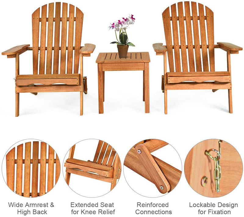 3 Pieces Foldable Wooden Adirondack Lounger Chair Set with Widened Armrest and Side Table