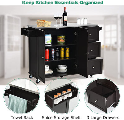 Kitchen Island Cart Rolling Trolley 2-Door Storage Cabinet with Adjustable Shelves and 3 Drawers