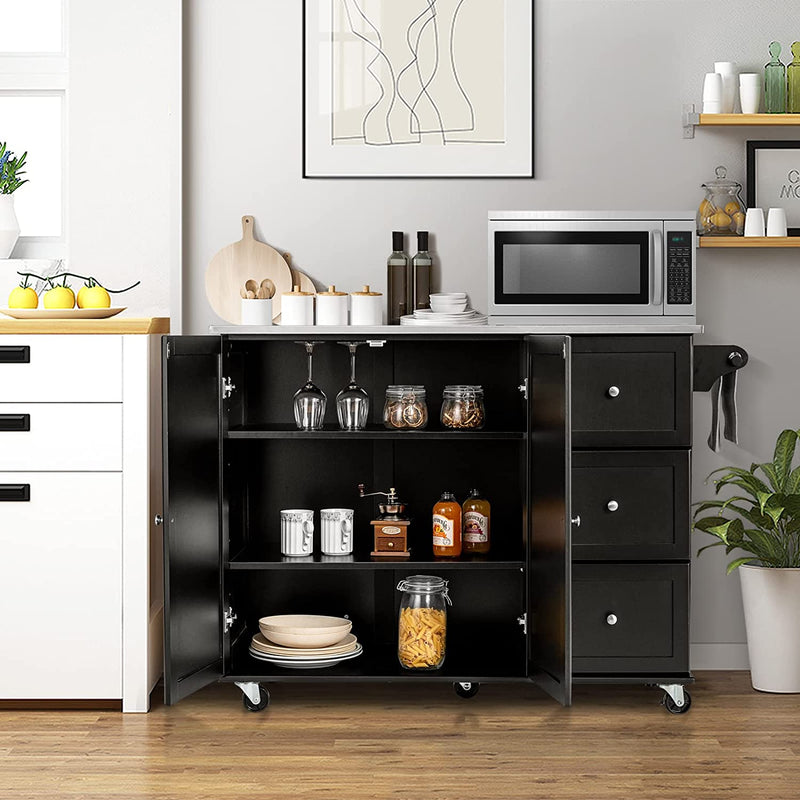 Kitchen Island Cart Rolling Trolley 2-Door Storage Cabinet with Adjustable Shelves and 3 Drawers