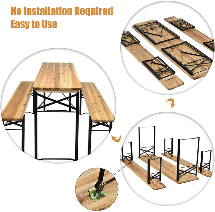 3 Pieces Outdoor Folding Table Bench Set Patio Portable Dining Table Set with Seating