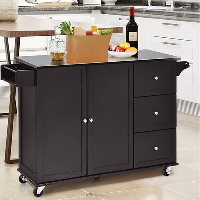 Kitchen Island Cart Rolling Trolley 2-Door Storage Cabinet with Adjustable Shelves and 3 Drawers