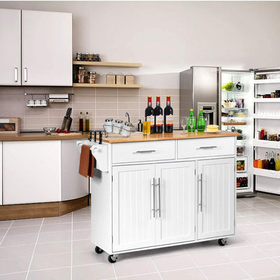 Kitchen Island Storage Cabinet Trolley Wood Top Rolling Cart Bar Serving Utility Cart with Drawers and Towel Rack