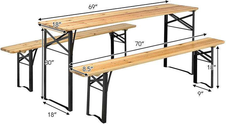3 Pieces Outdoor Folding Table Bench Set Patio Portable Dining Table Set with Seating