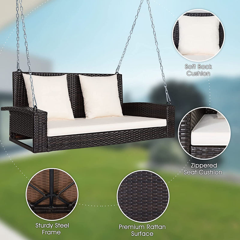 2-Person Patio Rattan Hanging Porch Swing Outdoor Wicker Swing Bench with Cushions