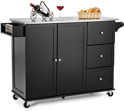 Kitchen Island Cart Rolling Trolley 2-Door Storage Cabinet with Adjustable Shelves and 3 Drawers