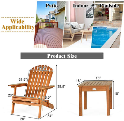 3 Pieces Foldable Wooden Adirondack Lounger Chair Set with Widened Armrest and Side Table