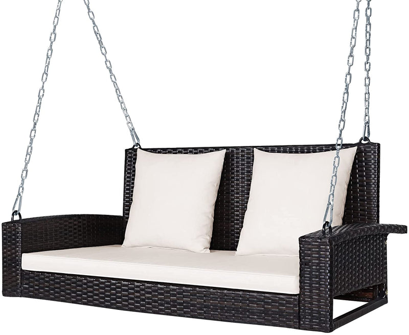 2-Person Patio Rattan Hanging Porch Swing Outdoor Wicker Swing Bench with Cushions