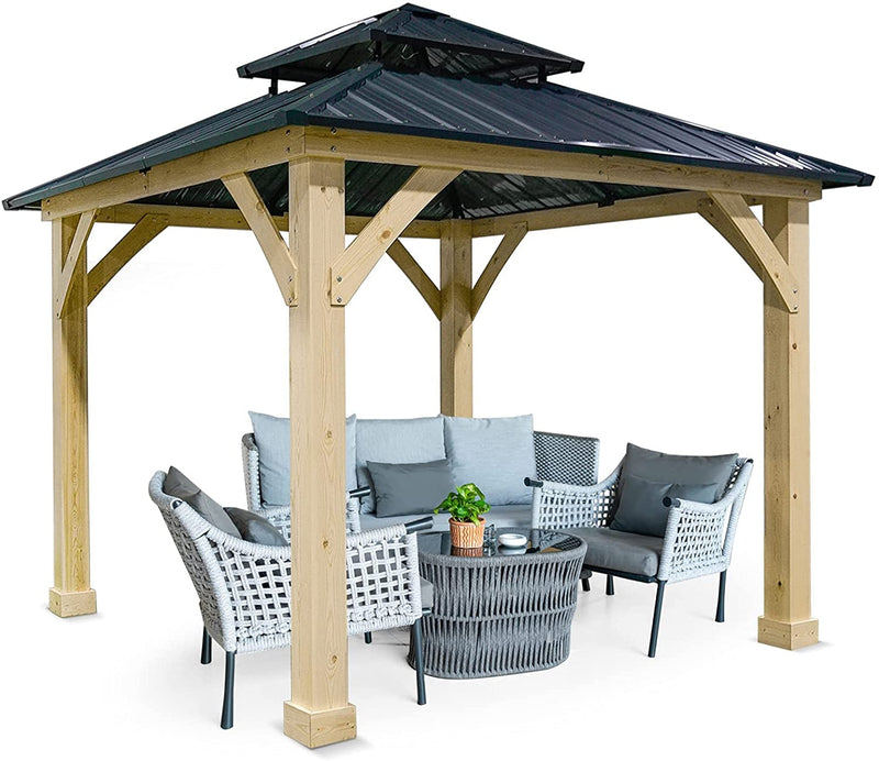 10 x 10 Feet Patio Pine Wood Hardtop Gazebo with Double Steel Roof for Outdoor